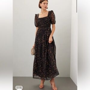 Slate & Willow Black Floral Puff Sleeve Smocked Dress Sz XS